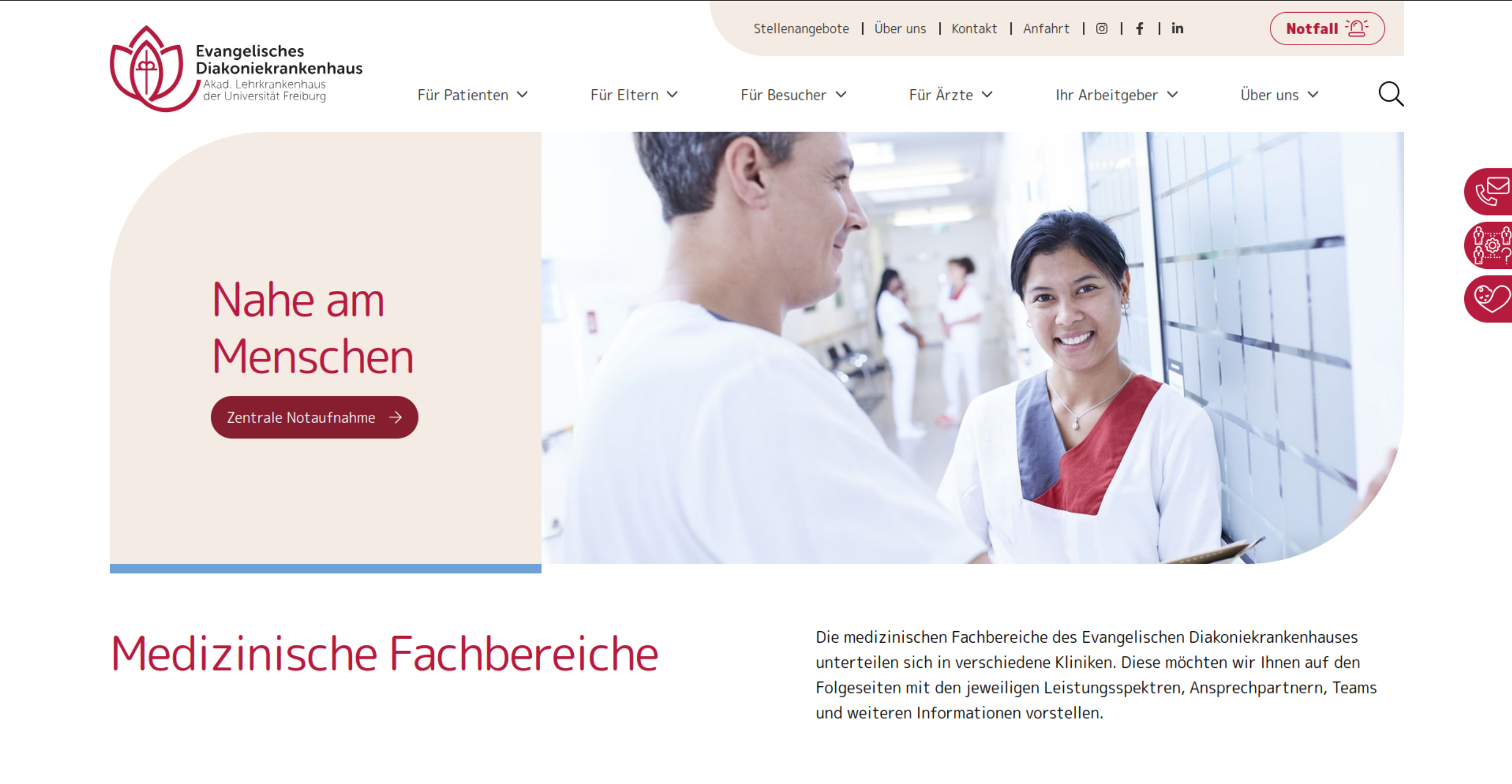 Bildschirmfoto der Startseites des Diakoniekrankenhauses Freiburg